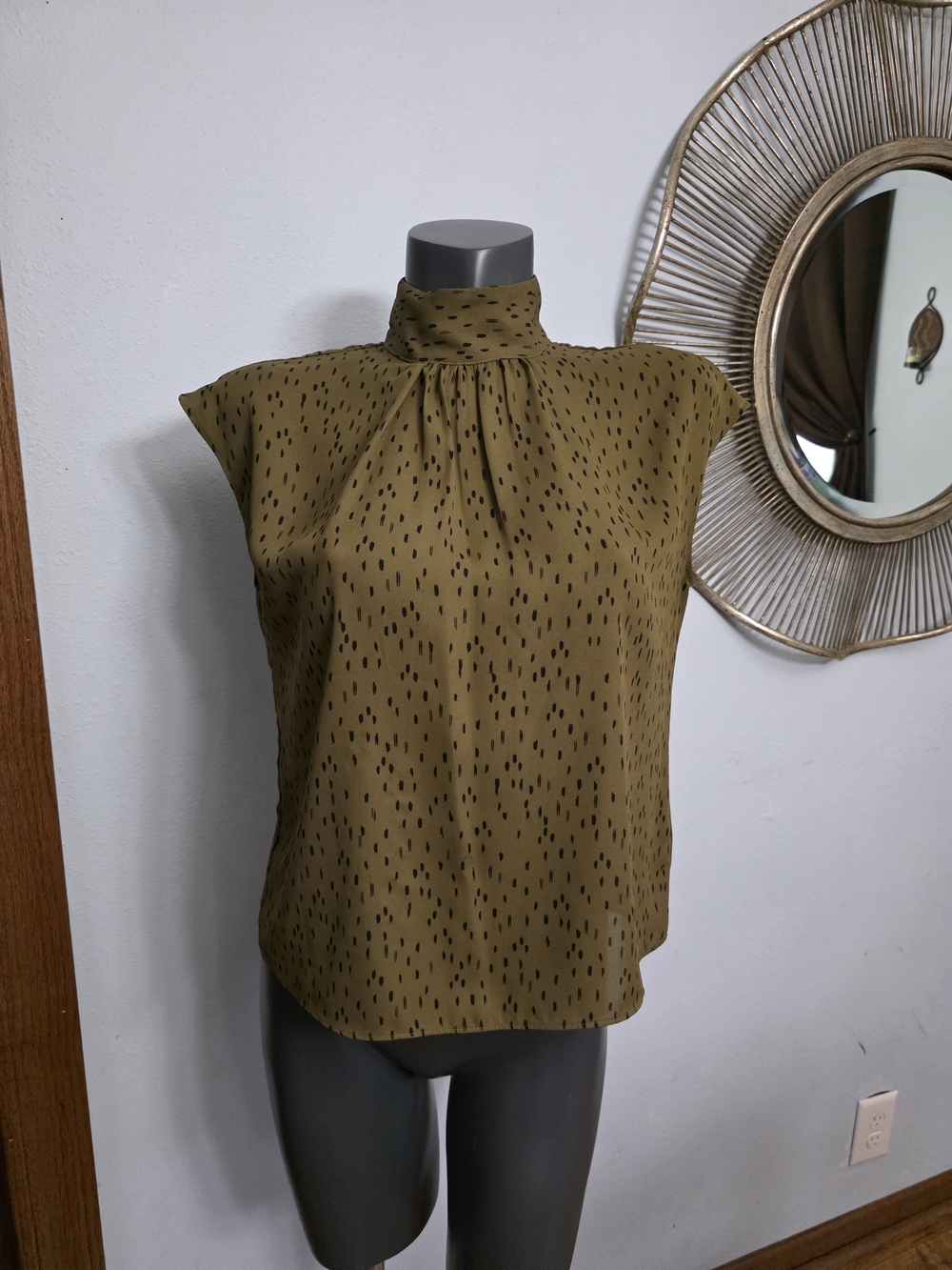 Worthington Olive High-Neck Sleeveless Blouse with Black Dot Print
